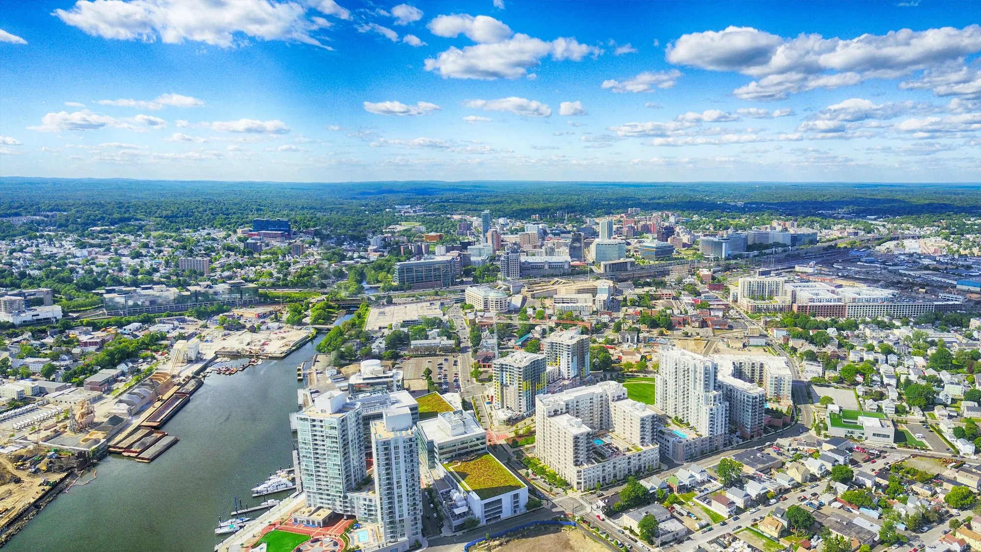 Aerial view of downtown Stamford, Connecticut and the harbor